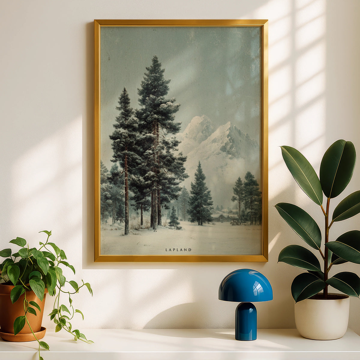 Lapland Winter Poster, Nordic Pine Forest Snow Mountain, Scandinavian Wall Art