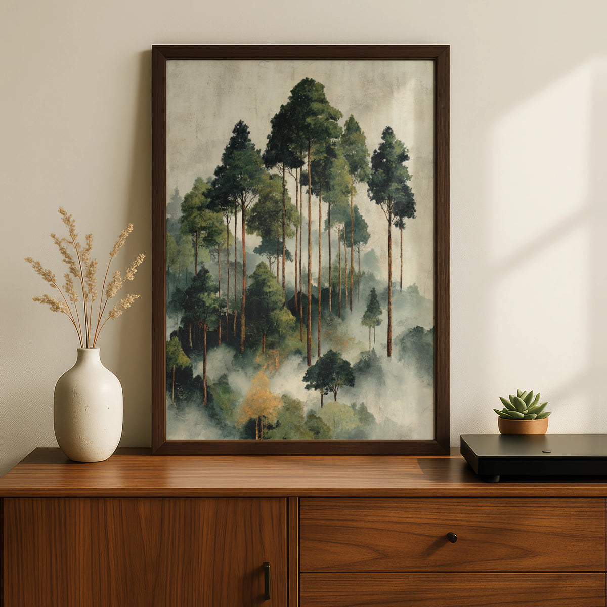 Misty Forest Poster, Abstract Foggy Trees Wall Art, Green Nature Poster, Woodland