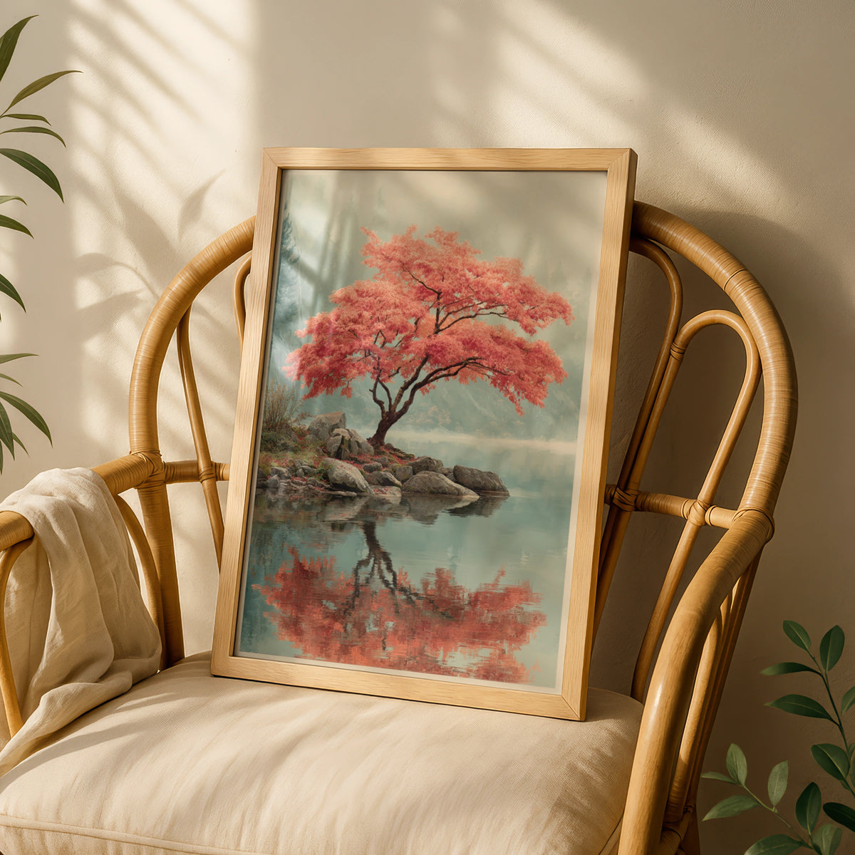 Japanese Maple Tree Poster, Elegant Nature Wall Art, Misty Lake Reflection, Red Autumn Decor