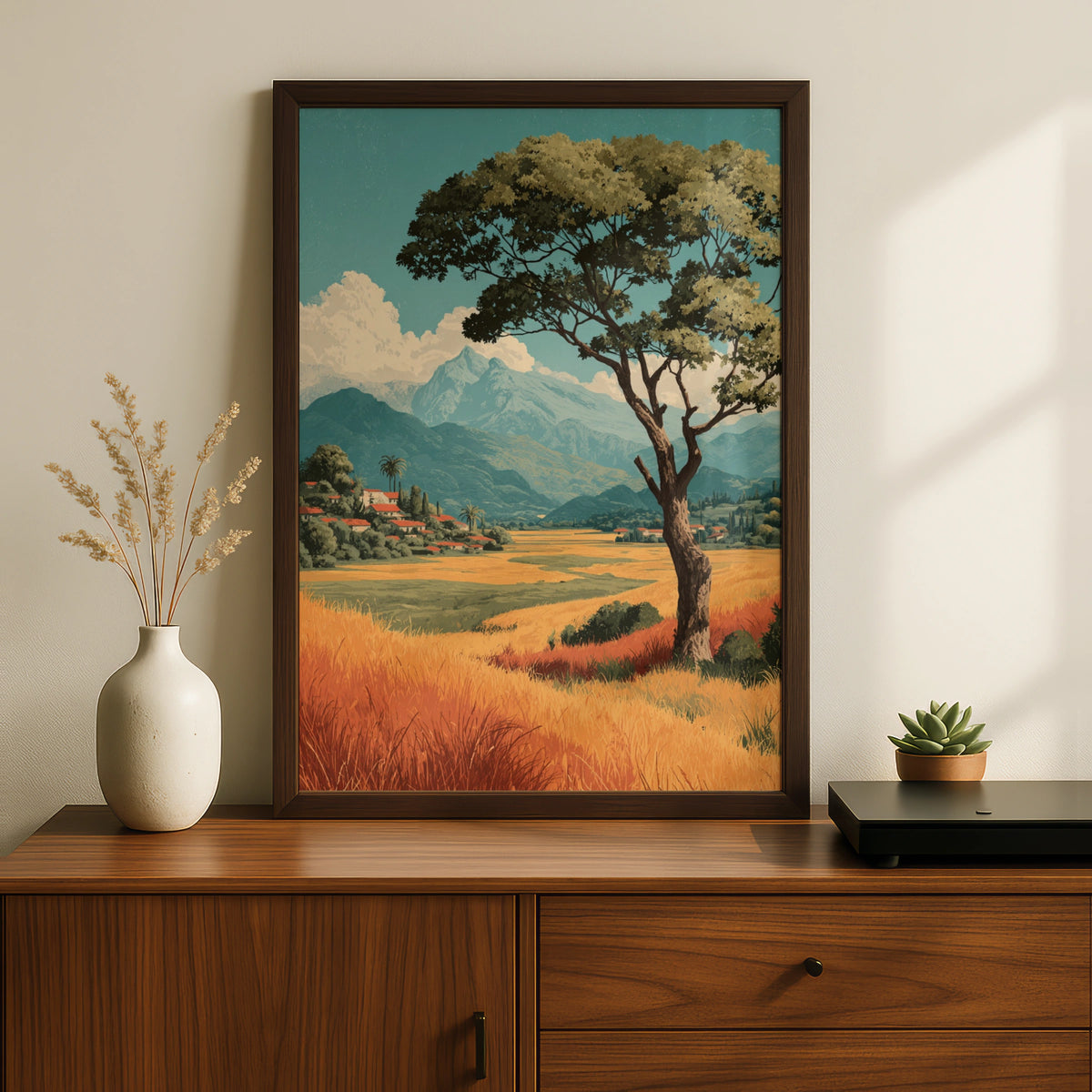 Vintage European Countryside Landscape Poster, Solitary Tree Nature Wall Art, Rustic Village