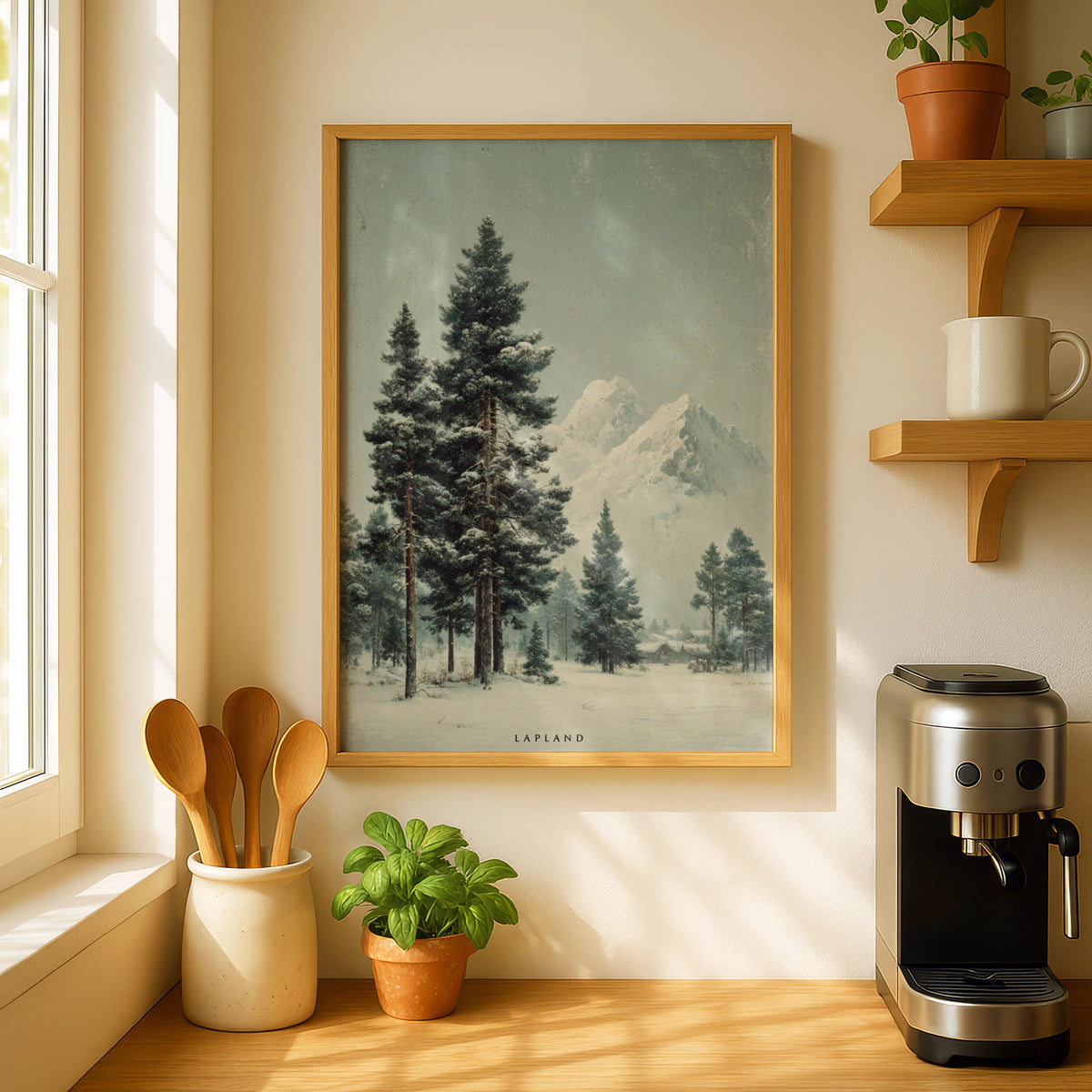 Lapland Winter Poster, Nordic Pine Forest Snow Mountain, Scandinavian Wall Art