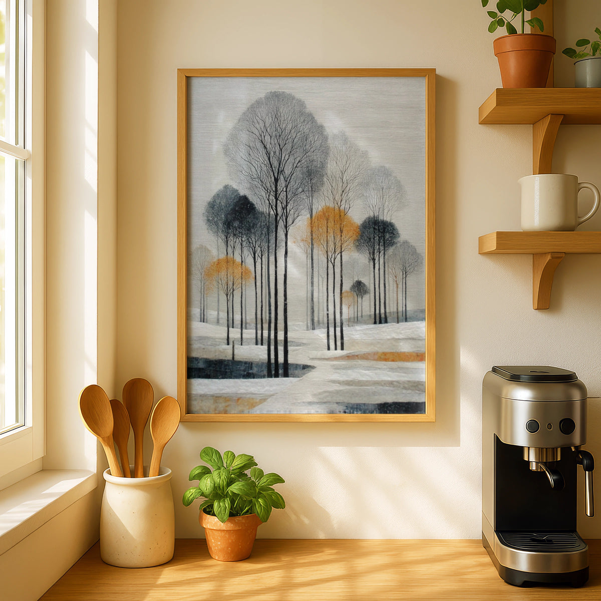 Winter Landscape Poster, Minimalist Tree Art, Grey Gold Wall Decor, Snowy Forest