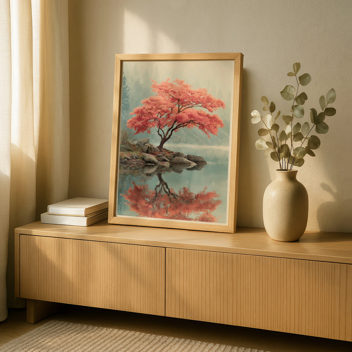 Japanese Maple Tree Poster, Elegant Nature Wall Art, Misty Lake Reflection, Red Autumn Decor