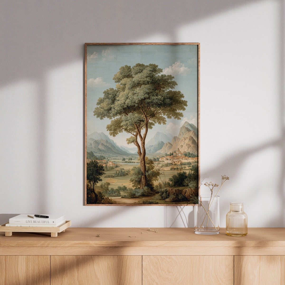 Ancient Tree Mountain Valley Poster, Classic European Landscape Art, Nature Wall Decor