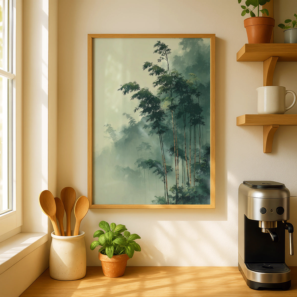 Japanese Bamboo Forest Poster, Misty Green Nature Wall Art, Botanical Zen Decor