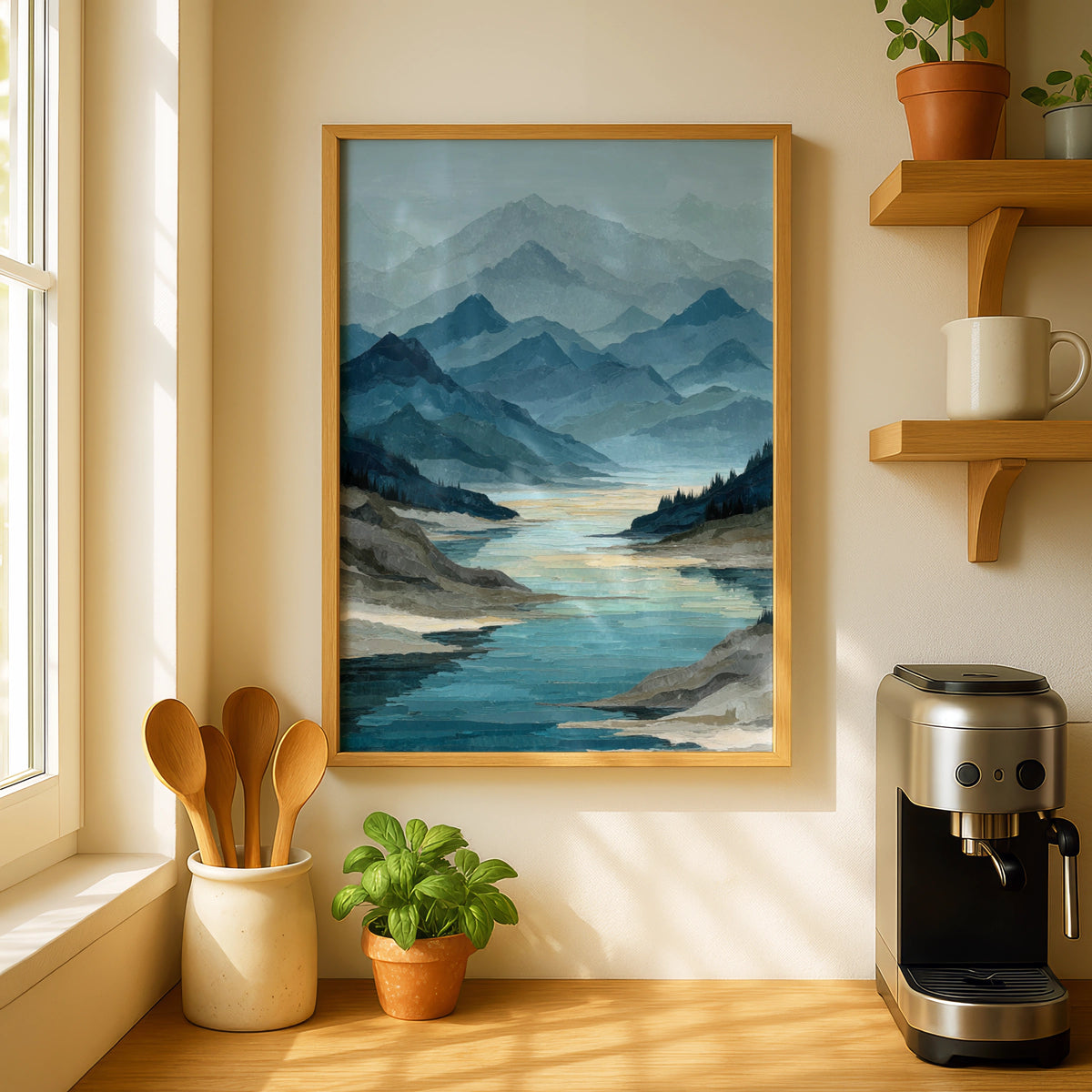 Mountain Lake Reflection Poster, Semi Abstract Landscape, Teal Blue Wall Art