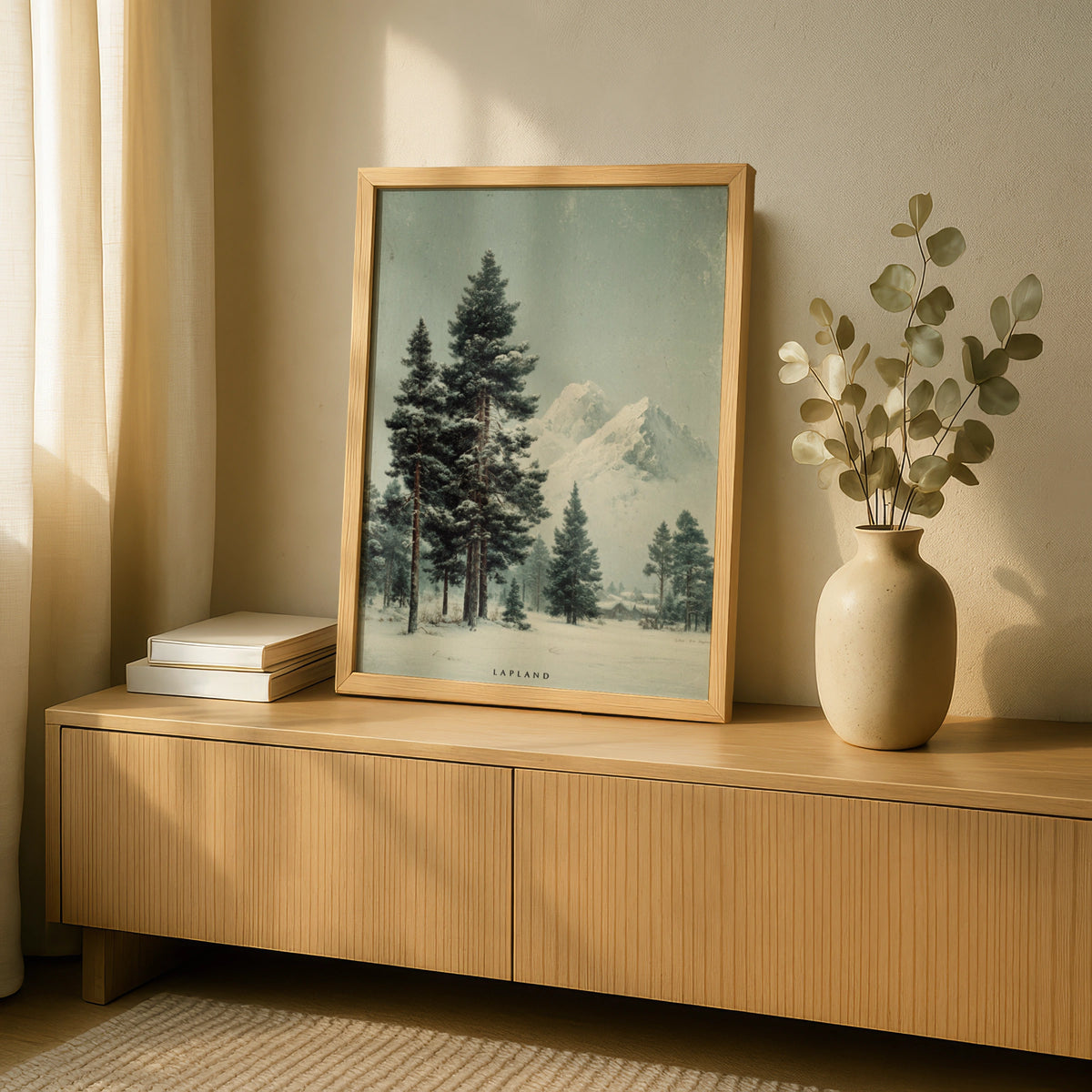 Lapland Winter Poster, Nordic Pine Forest Snow Mountain, Scandinavian Wall Art