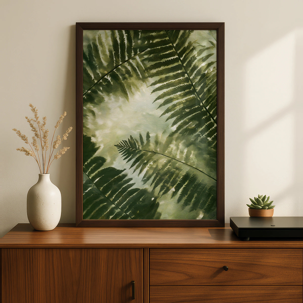 Giant Fern Leaves Poster, Botanical Green Wall Art, Filtered Sunlight Nature Poster