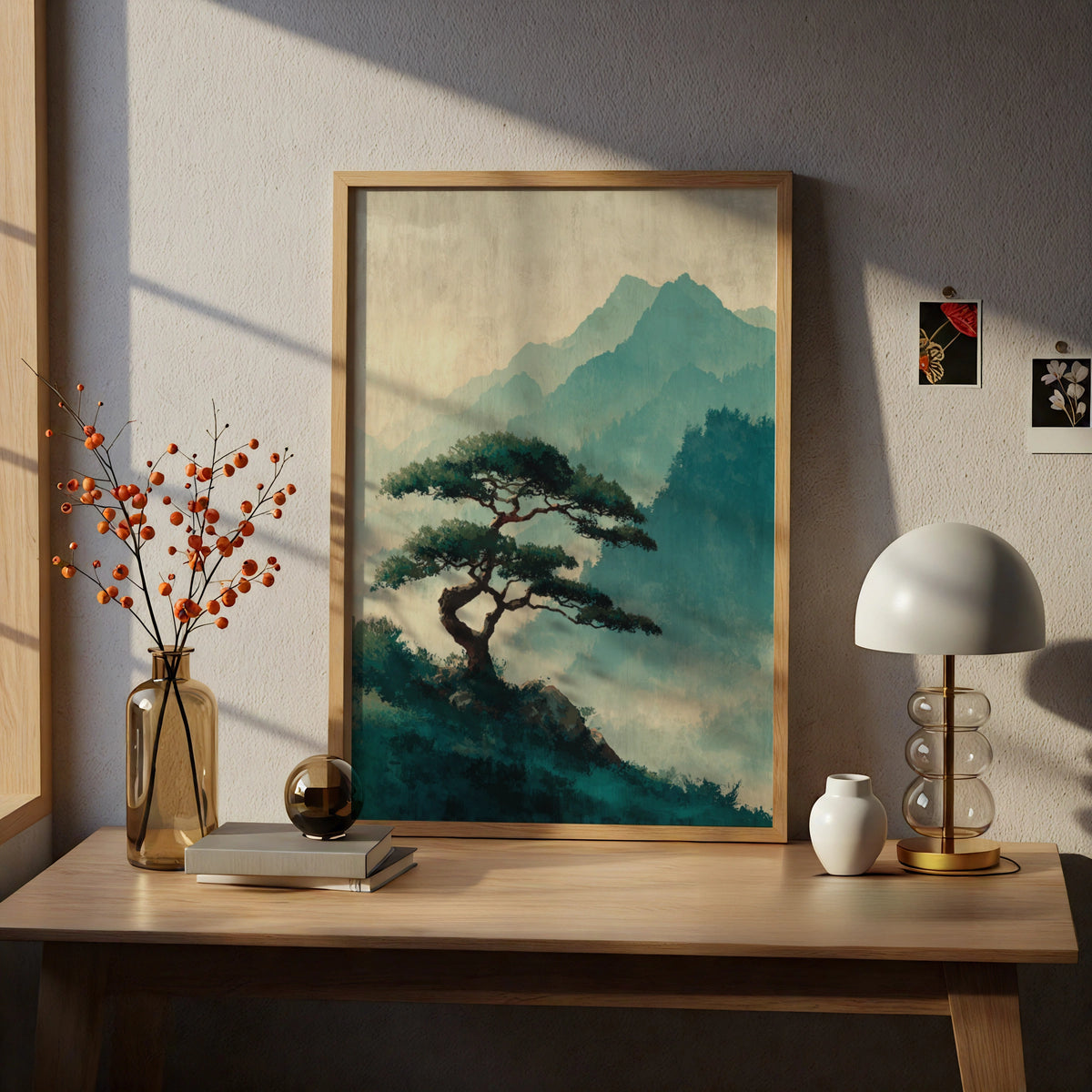 Japanese Pine Tree Poster, Misty Mountain Wall Art, Teal Nature Landscape, Zen Asian Decor
