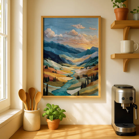 Valley Landscape Poster, Golden Sunset Mountain River Wall Art, Semi-Abstract Nature