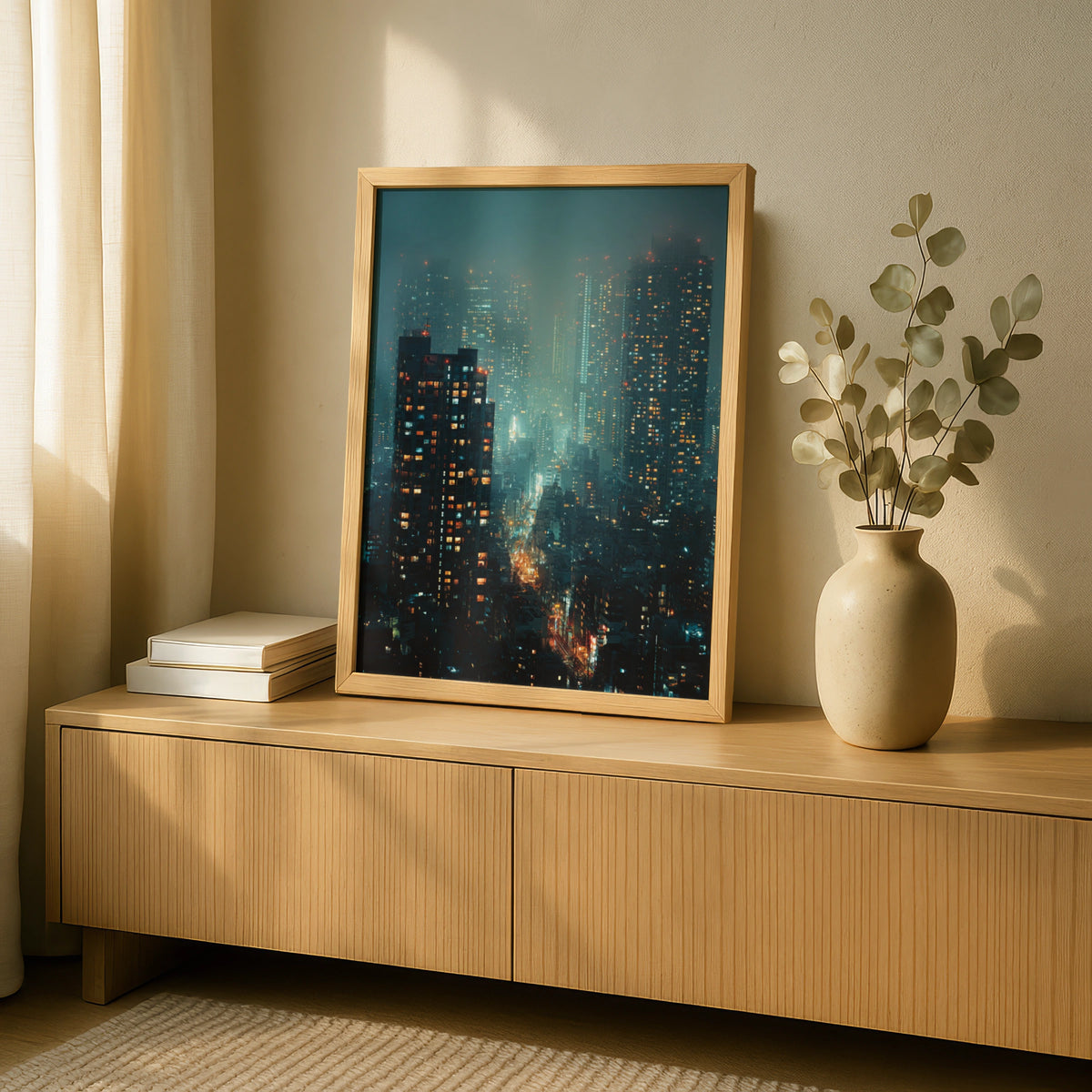 Tokyo Night City Poster, Japanese Skyline Wall Art, Moody Teal Urban Cityscape Decor