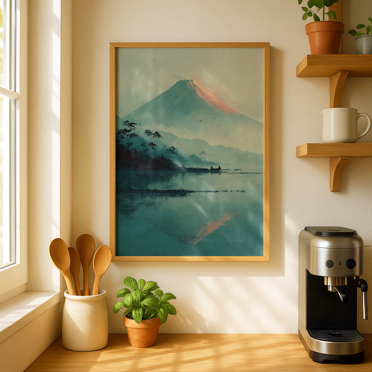Mount Fuji Japanese Minimalist Poster, Teal Lake Landscape, Zen Wall Art Decor