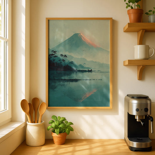Mount Fuji Japanese Minimalist Poster, Teal Lake Landscape, Zen Wall Art Decor