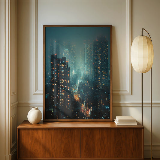 Tokyo Night City Poster, Japanese Skyline Wall Art, Moody Teal Urban Cityscape Decor