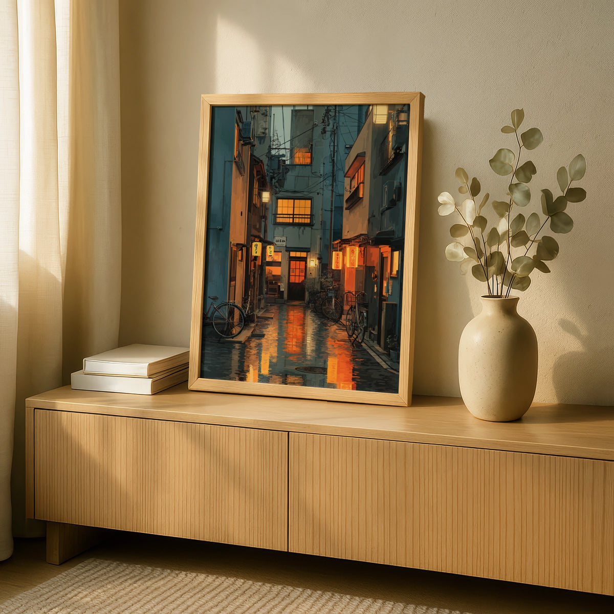 Tokyo Side Street Poster, Japanese Alley Night Art, Lantern Glow Urban Wall Decor
