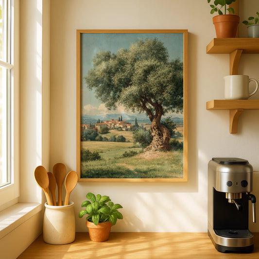 Vintage Mediterranean Olive Tree Poster, Tuscan Landscape Wall Art, Village Scene