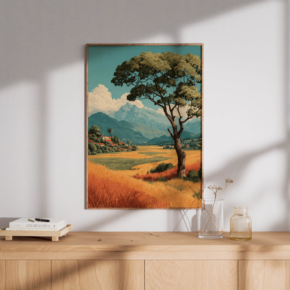 Vintage European Countryside Landscape Poster, Solitary Tree Nature Wall Art, Rustic Village