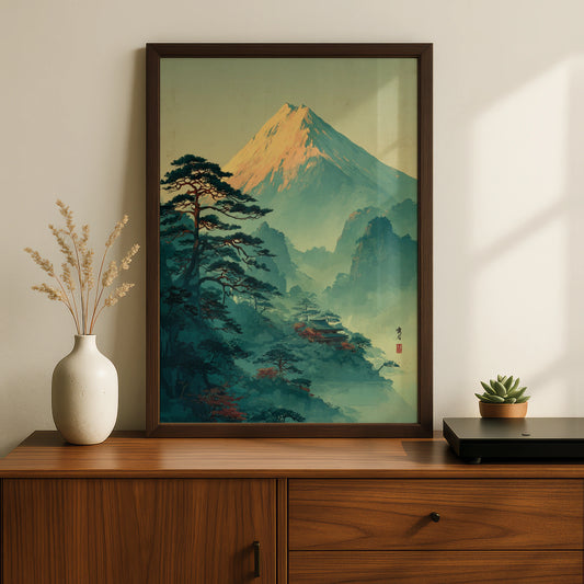 Mount Fuji Japanese Fine Art Poster, Pine Trees Landscape, Teal Wall Decor