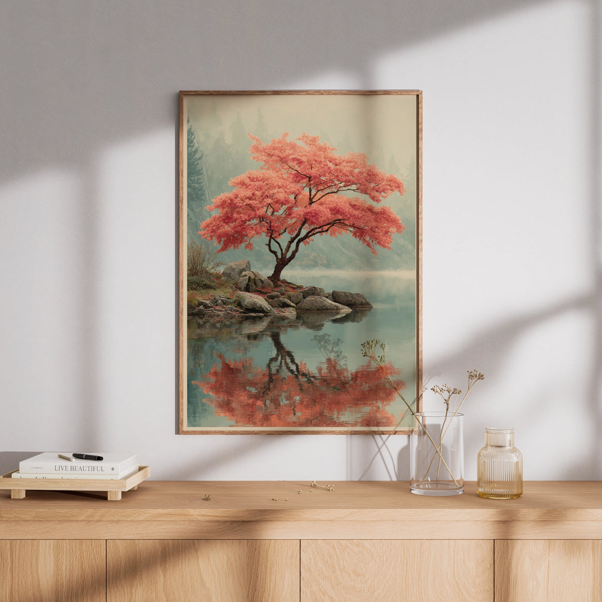 Japanese Maple Tree Poster, Elegant Nature Wall Art, Misty Lake Reflection, Red Autumn Decor