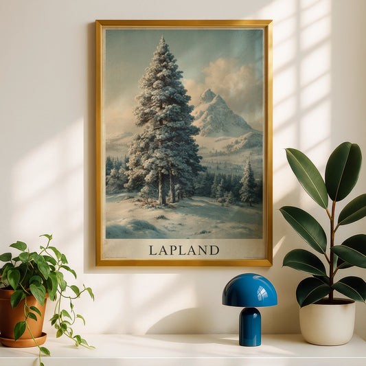 Finnish Lapland Vintage Travel Poster, Winter Snow Pine Tree Mountain Wall Art
