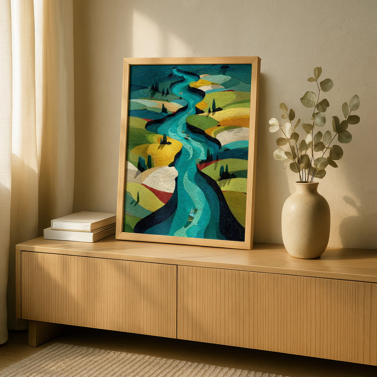 Winding River Aerial Landscape Poster, Abstract Nature Wall Art, Teal Green