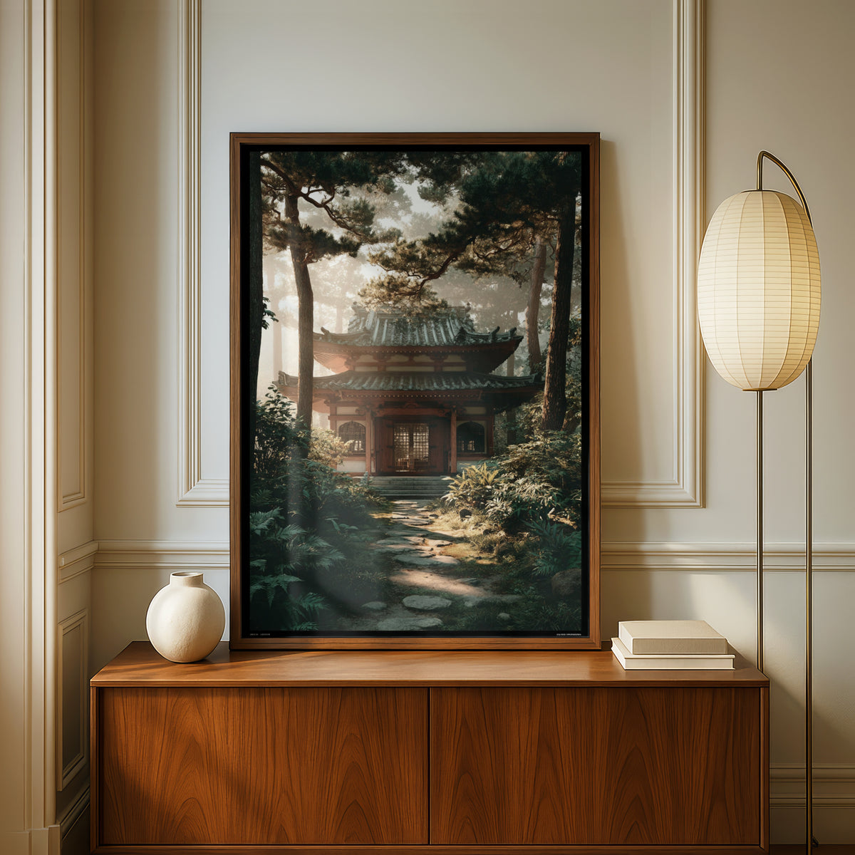 Japanese Temple Forest Poster, Zen Woodland Shrine Wall Art, Misty Pine Tree Nature Decor