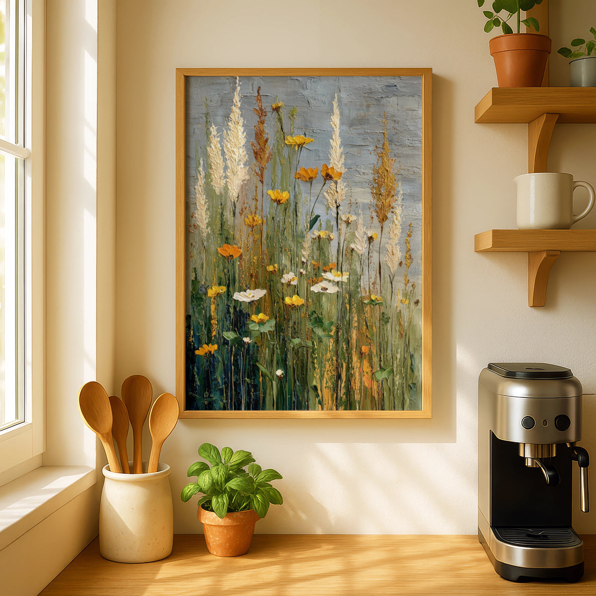 Wild Meadow Poster, Yellow Wildflowers Wall Art, Botanical Grass Semi-Abstract Nature Poster