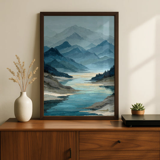 Mountain Lake Reflection Poster, Semi Abstract Landscape, Teal Blue Wall Art