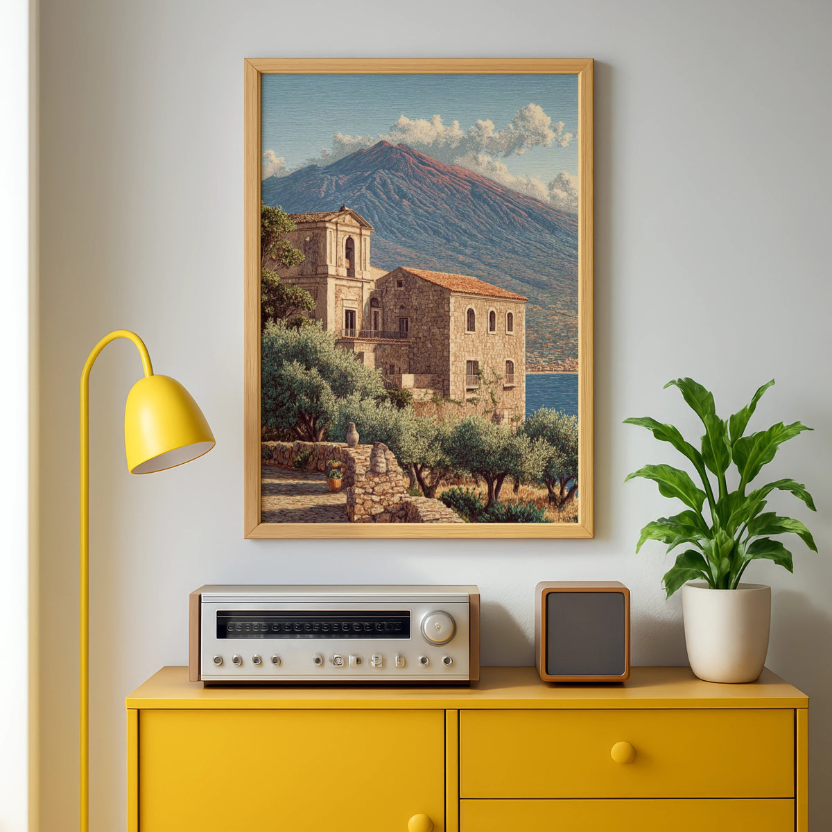 Sicily Travel Poster, Mount Etna Fine Art, Italian Village Wall Art, Mediterranean Decor