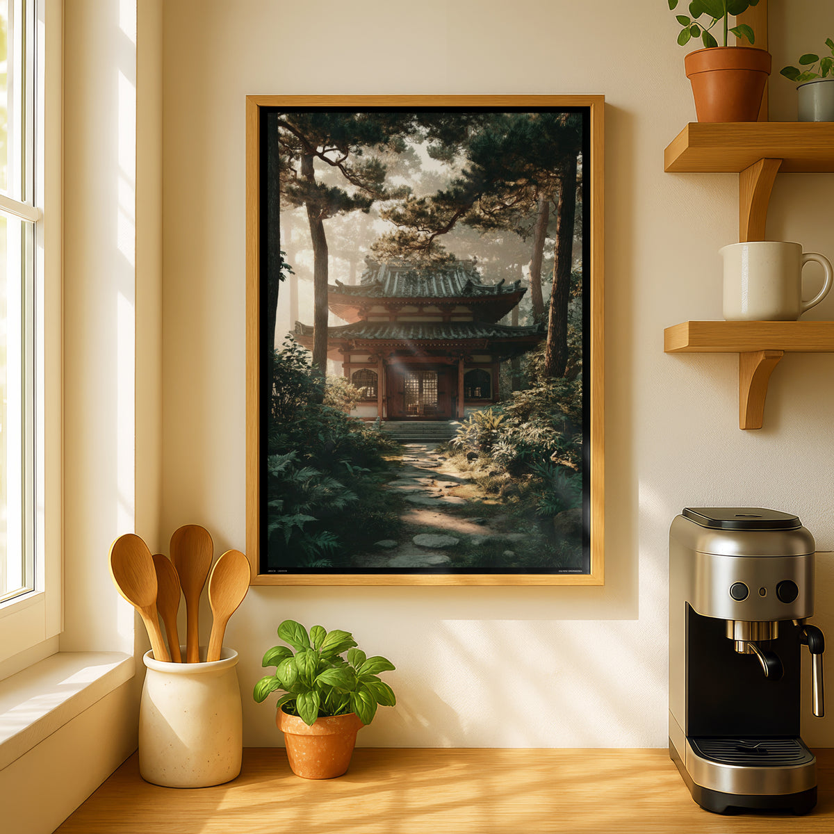 Japanese Temple Forest Poster, Zen Woodland Shrine Wall Art, Misty Pine Tree Nature Decor