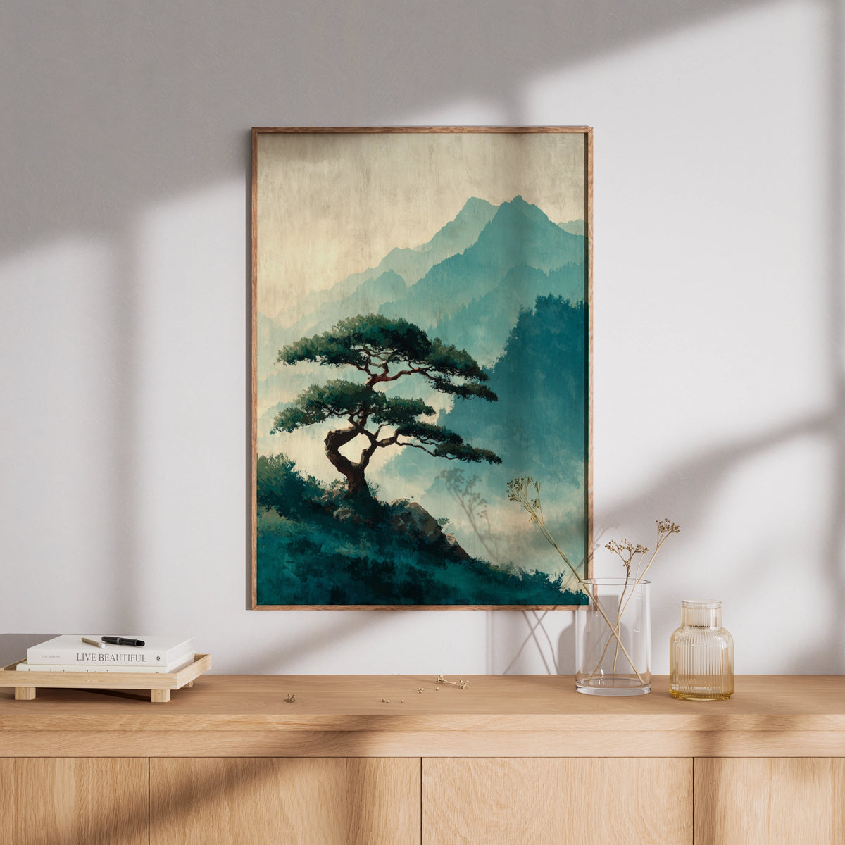 Japanese Pine Tree Poster, Misty Mountain Wall Art, Teal Nature Landscape, Zen Asian Decor