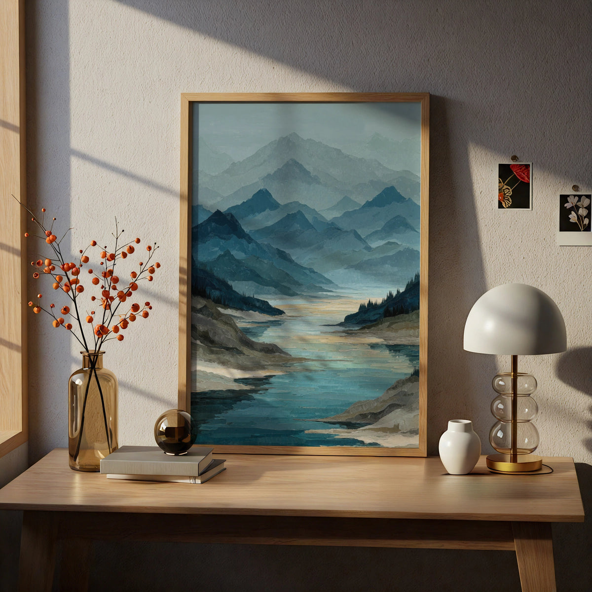 Mountain Lake Reflection Poster, Semi Abstract Landscape, Teal Blue Wall Art