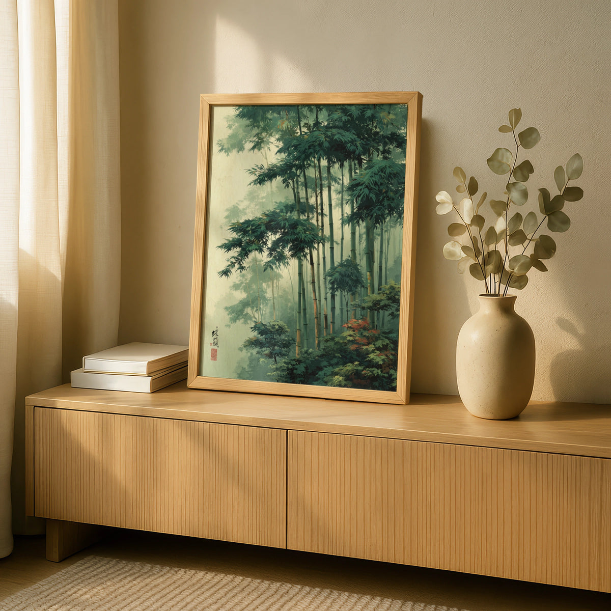 Japanese Bamboo Forest Poster, Botanical Wall Art, Green Zen Woodblock Style Decor
