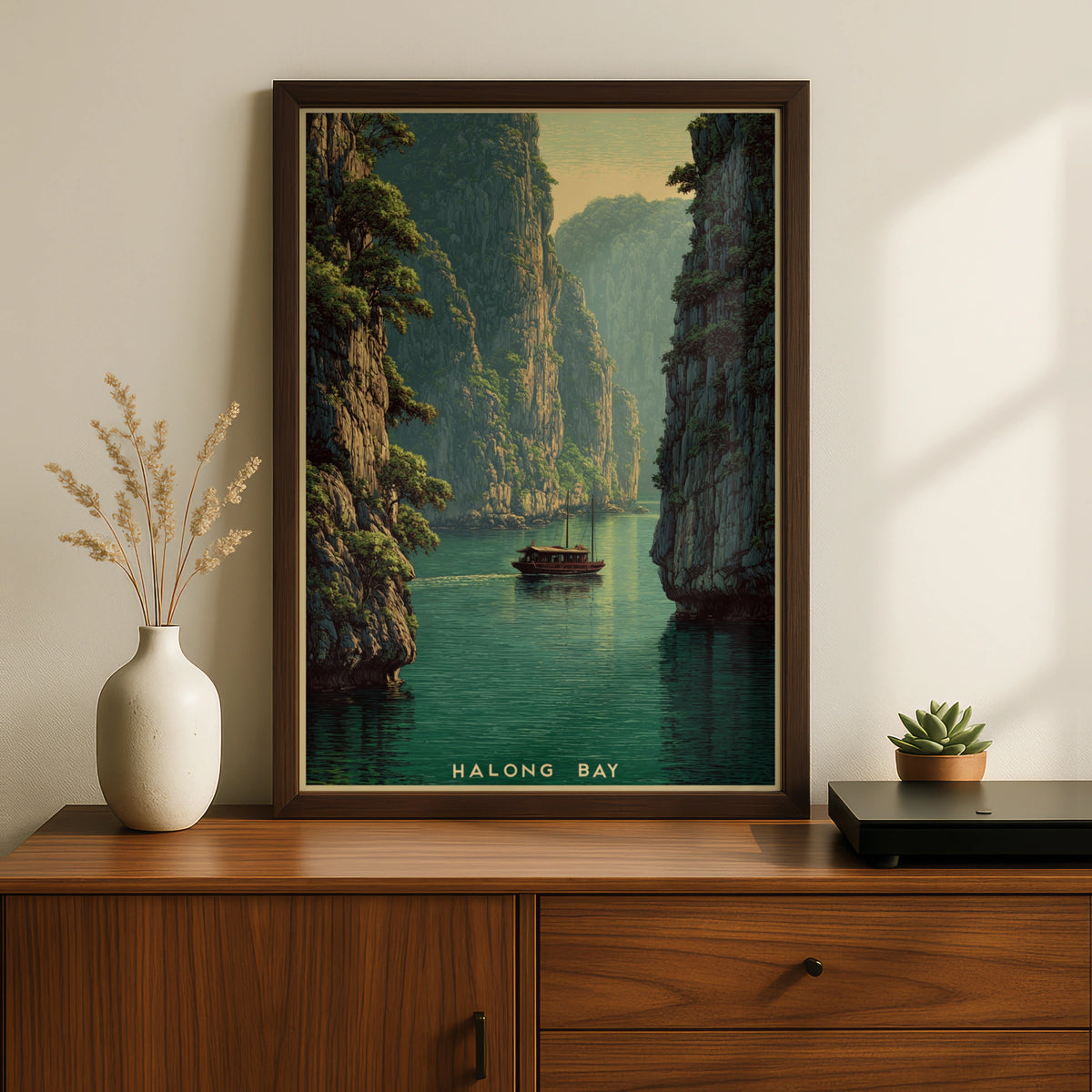 Halong Bay Vietnam Vintage Travel Poster, Retro Junk Boat Wall Art, Teal Green
