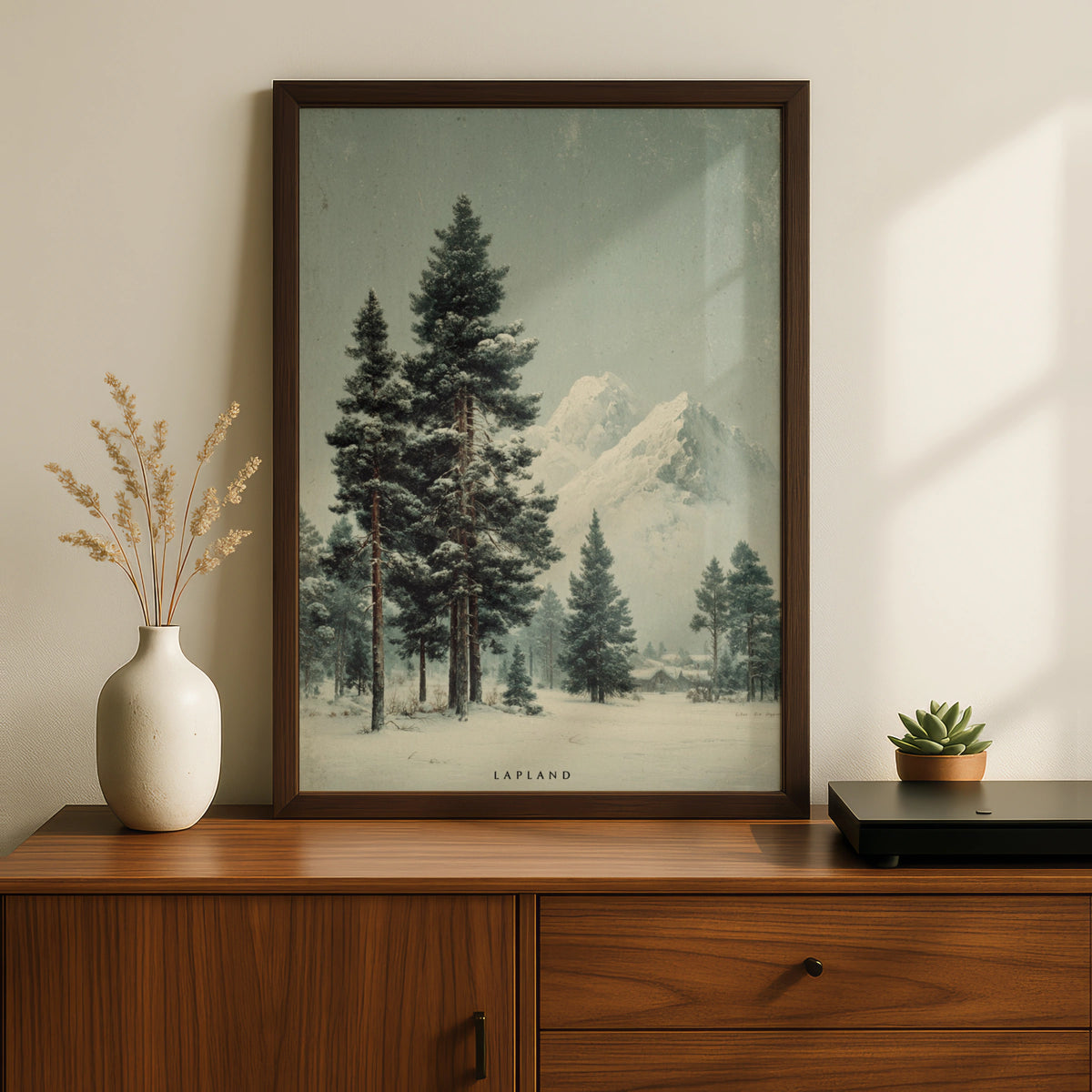 Lapland Winter Poster, Nordic Pine Forest Snow Mountain, Scandinavian Wall Art