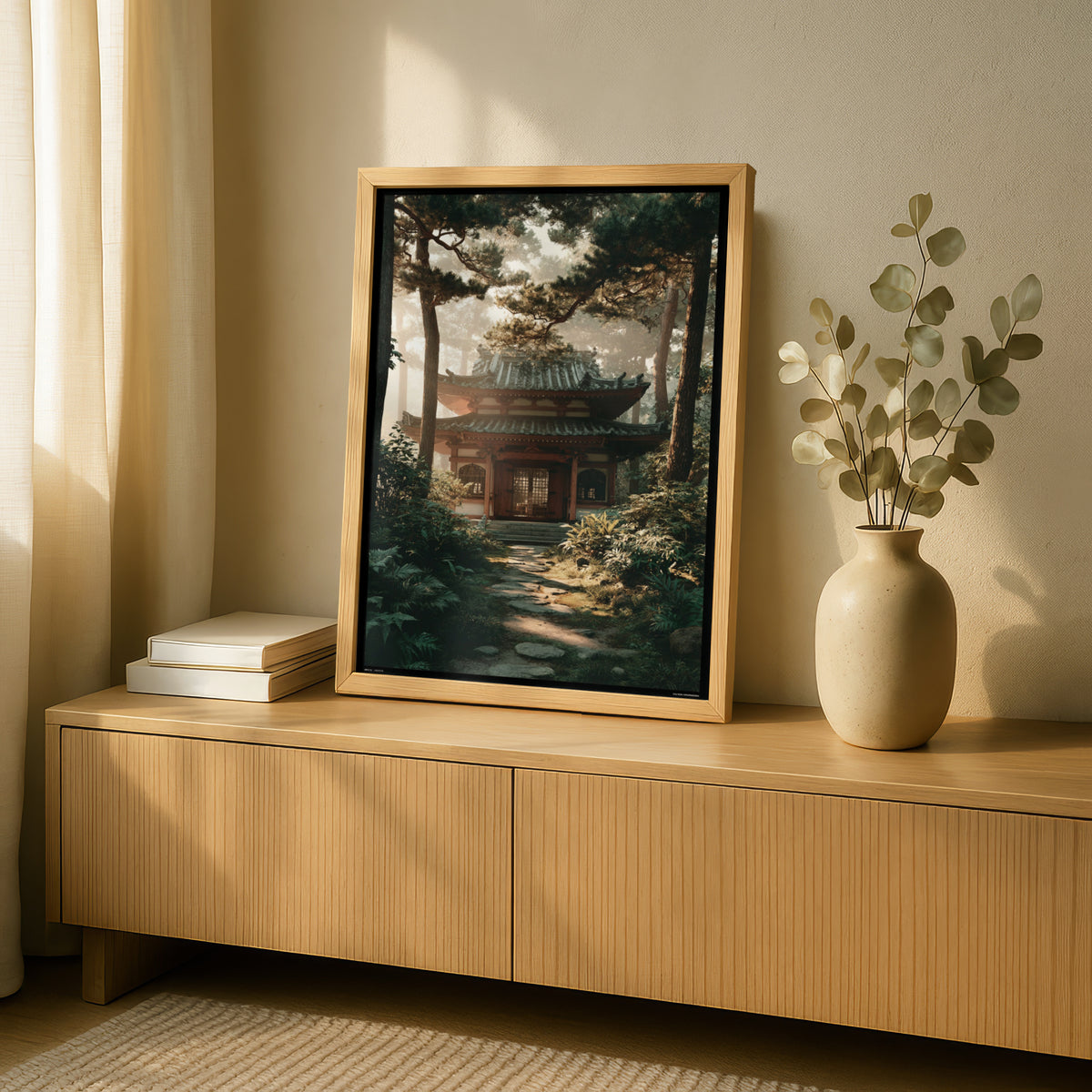 Japanese Temple Forest Poster, Zen Woodland Shrine Wall Art, Misty Pine Tree Nature Decor