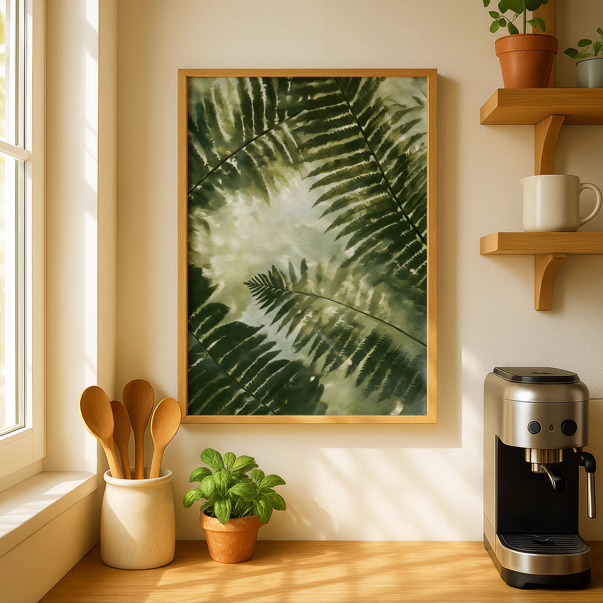 Giant Fern Leaves Poster, Botanical Green Wall Art, Filtered Sunlight Nature Poster