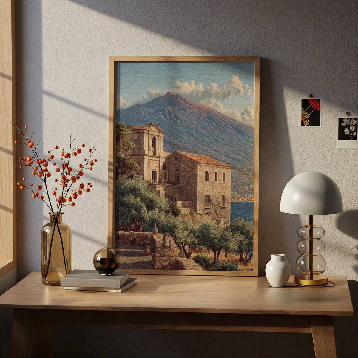 Sicily Travel Poster, Mount Etna Fine Art, Italian Village Wall Art, Mediterranean Decor