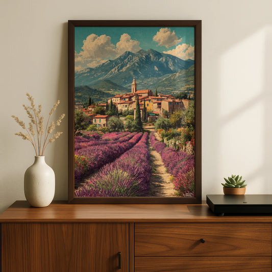 Provence Lavender Field Poster, Vintage French Village Travel Wall Art, France