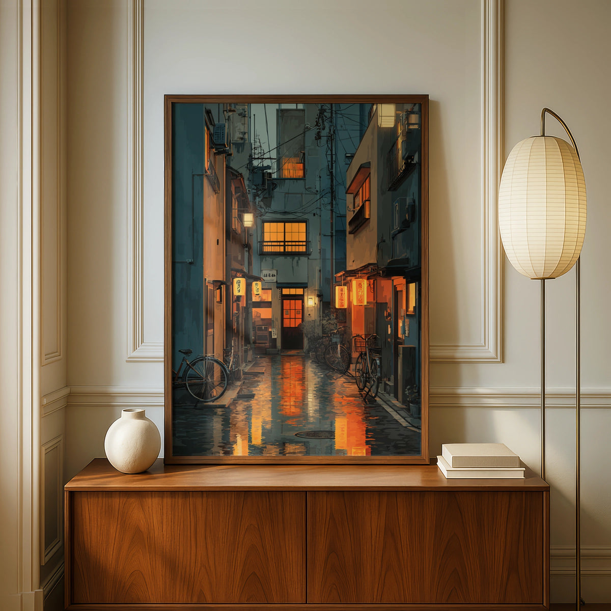 Tokyo Side Street Poster, Japanese Alley Night Art, Lantern Glow Urban Wall Decor