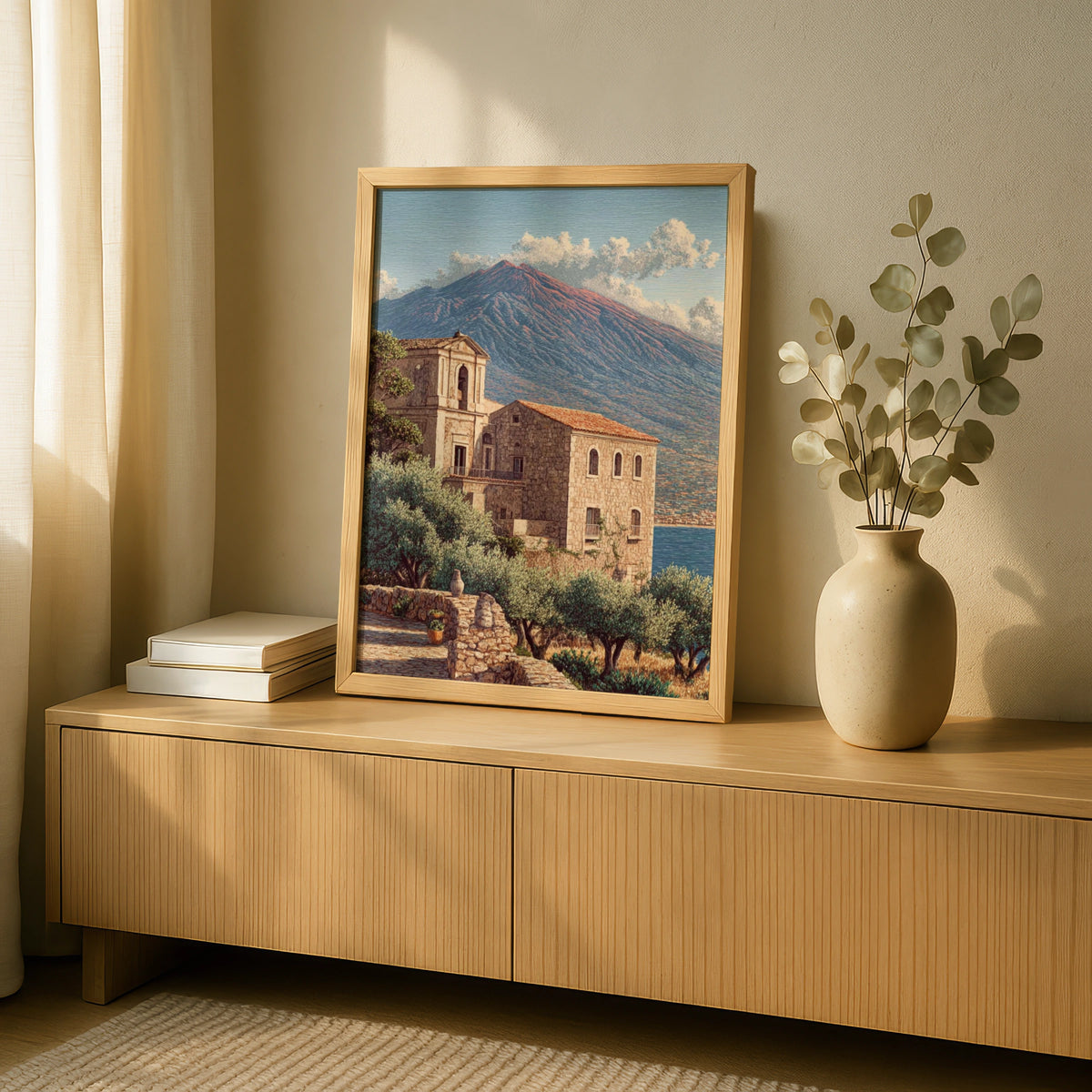 Sicily Travel Poster, Mount Etna Fine Art, Italian Village Wall Art, Mediterranean Decor