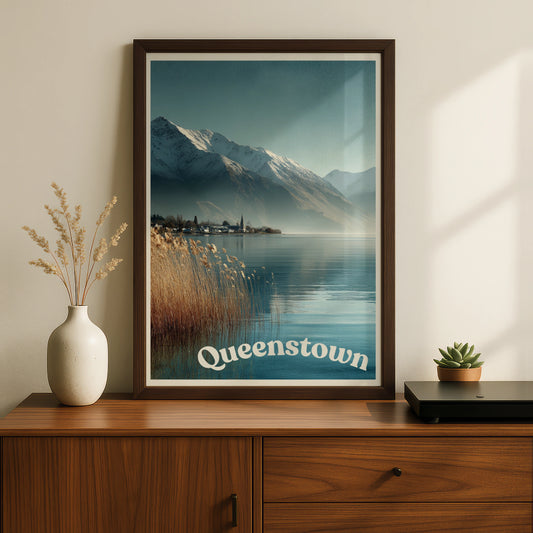 Queenstown New Zealand Poster, Minimalist Travel Wall Art, Lake Mountain Decor