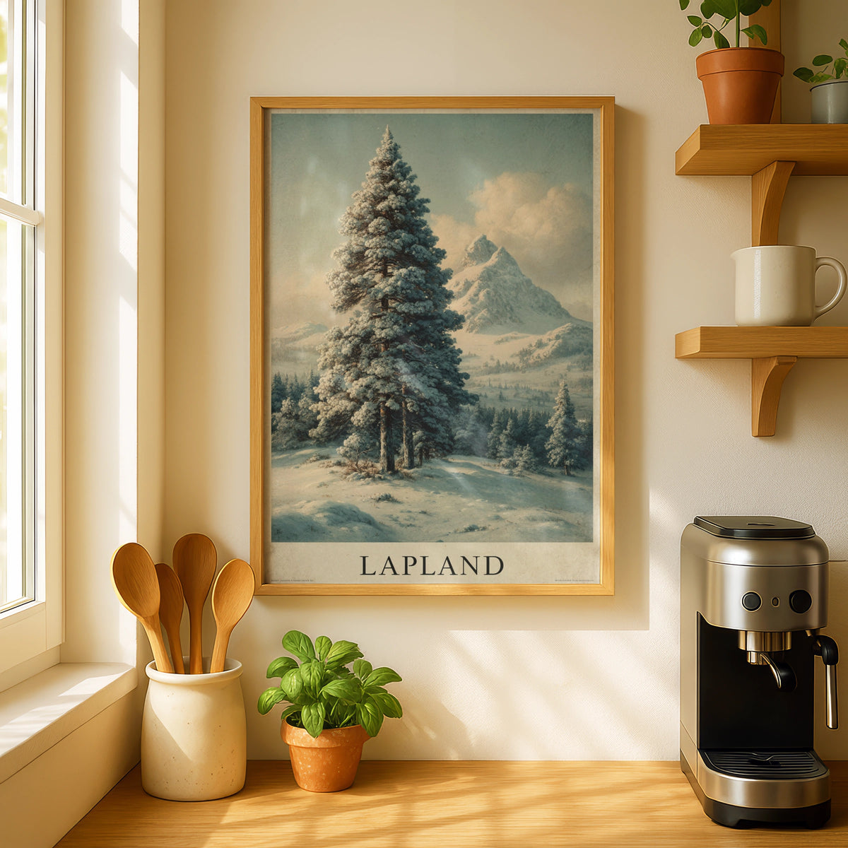 Finnish Lapland Vintage Travel Poster, Winter Snow Pine Tree Mountain Wall Art