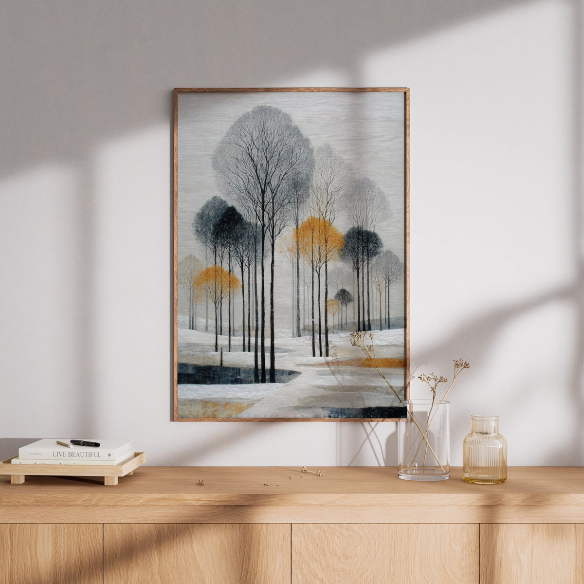 Winter Landscape Poster, Minimalist Tree Art, Grey Gold Wall Decor, Snowy Forest