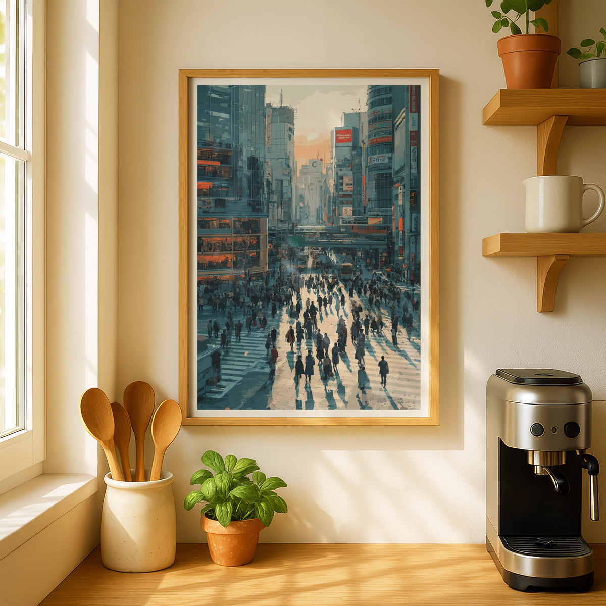 Tokyo Street Scene Poster, Modern Japanese City Art, Urban Wall Art, Blue Orange Cityscape