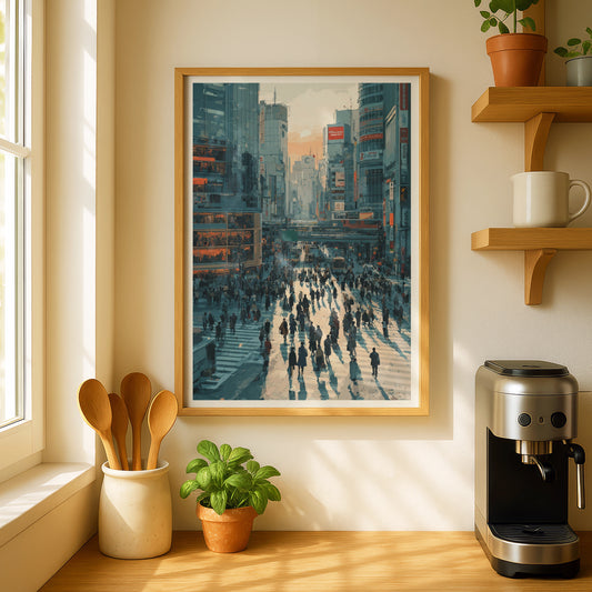 Tokyo Street Scene Poster, Modern Japanese City Art, Urban Wall Art, Blue Orange Cityscape
