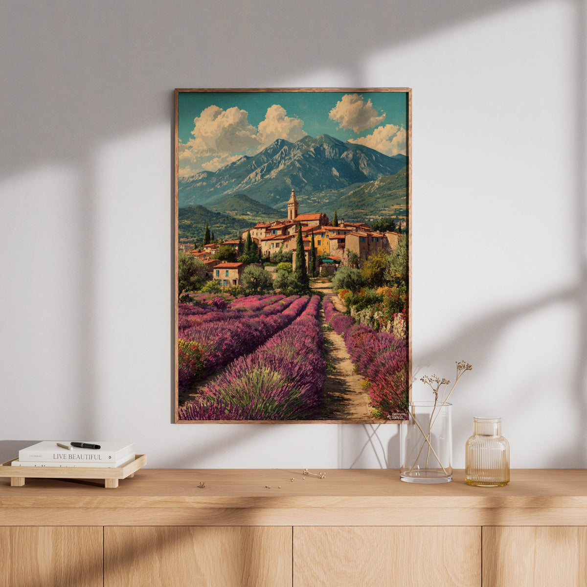 Provence Lavender Field Poster, Vintage French Village Travel Wall Art, France