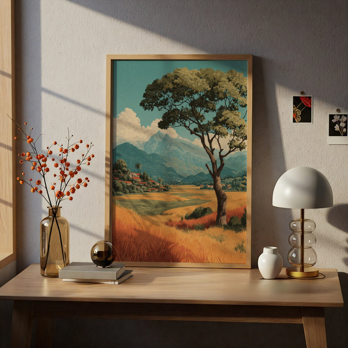 Vintage European Countryside Landscape Poster, Solitary Tree Nature Wall Art, Rustic Village