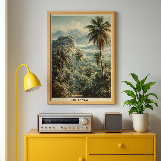 Sri Lanka Vintage Travel Poster, Tropical Jungle Wall Art, Palm Tree Mountain Decor