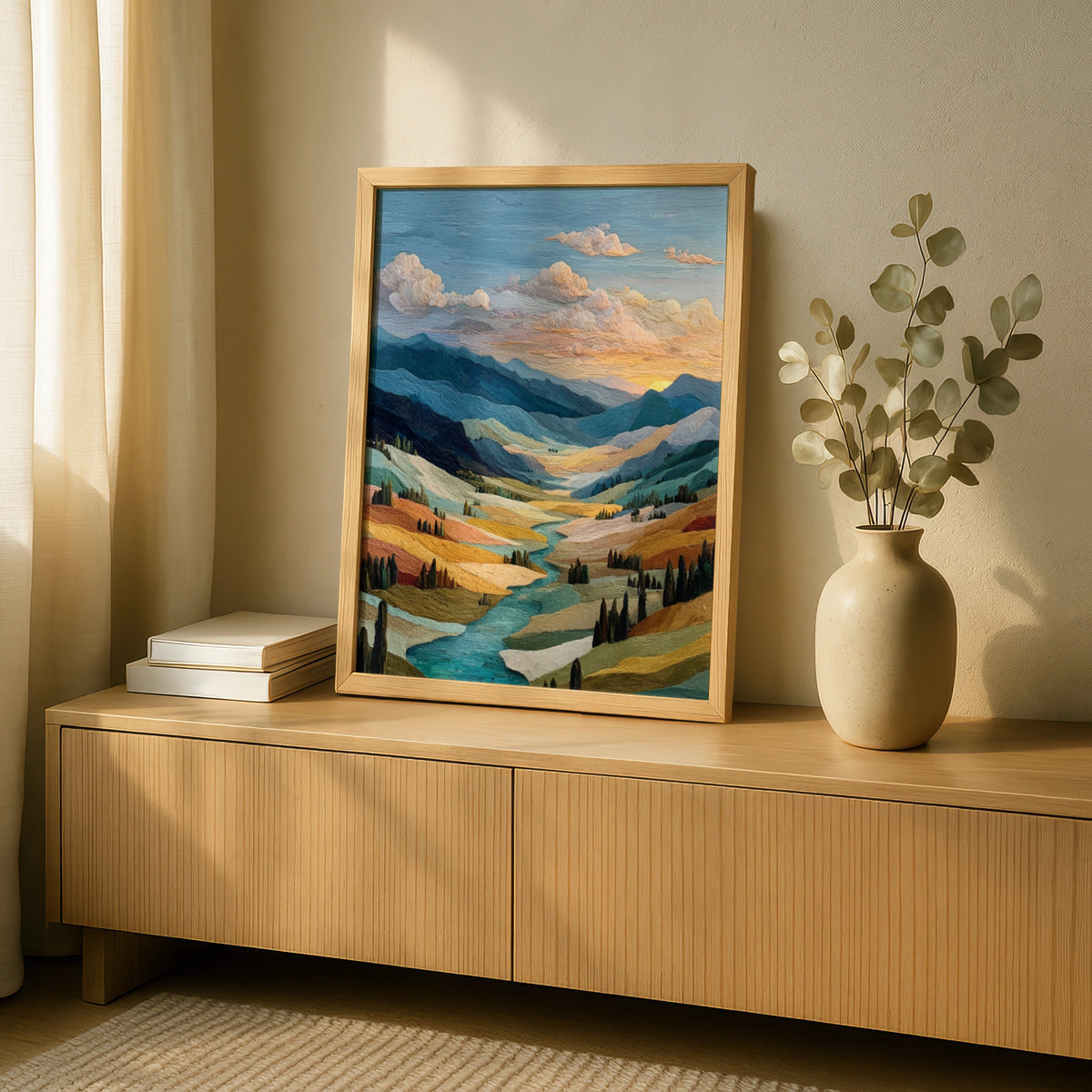 Valley Landscape Poster, Golden Sunset Mountain River Wall Art, Semi-Abstract Nature